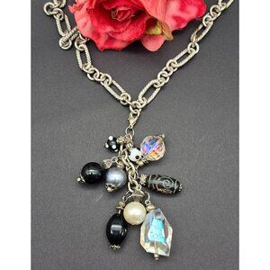 Silver Tone Toggle Necklace Textured Link Multi Beaded Pendant Dangle Tassel 20"